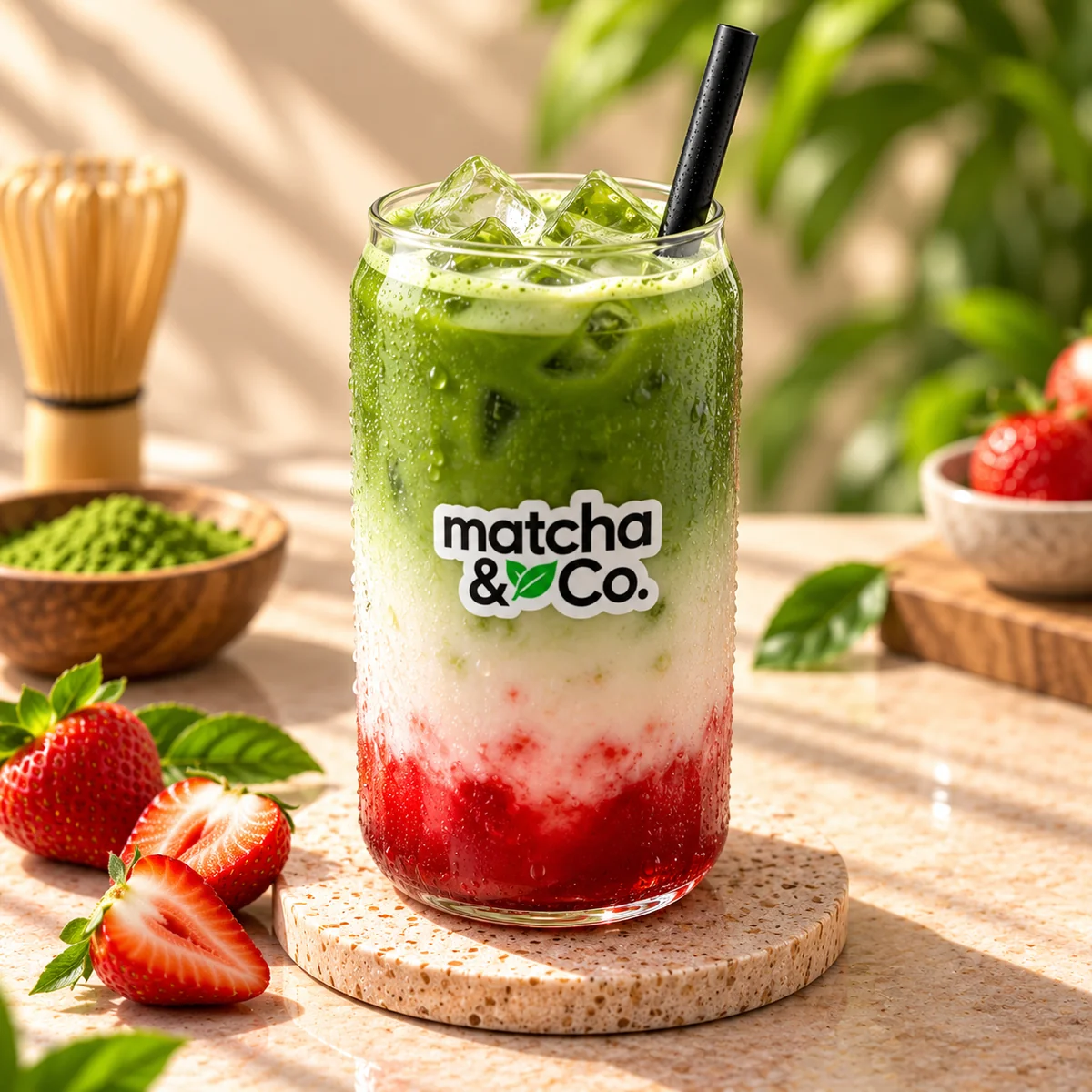 Layered strawberry matcha latte beside a bowl of matcha powder and a bamboo whisk