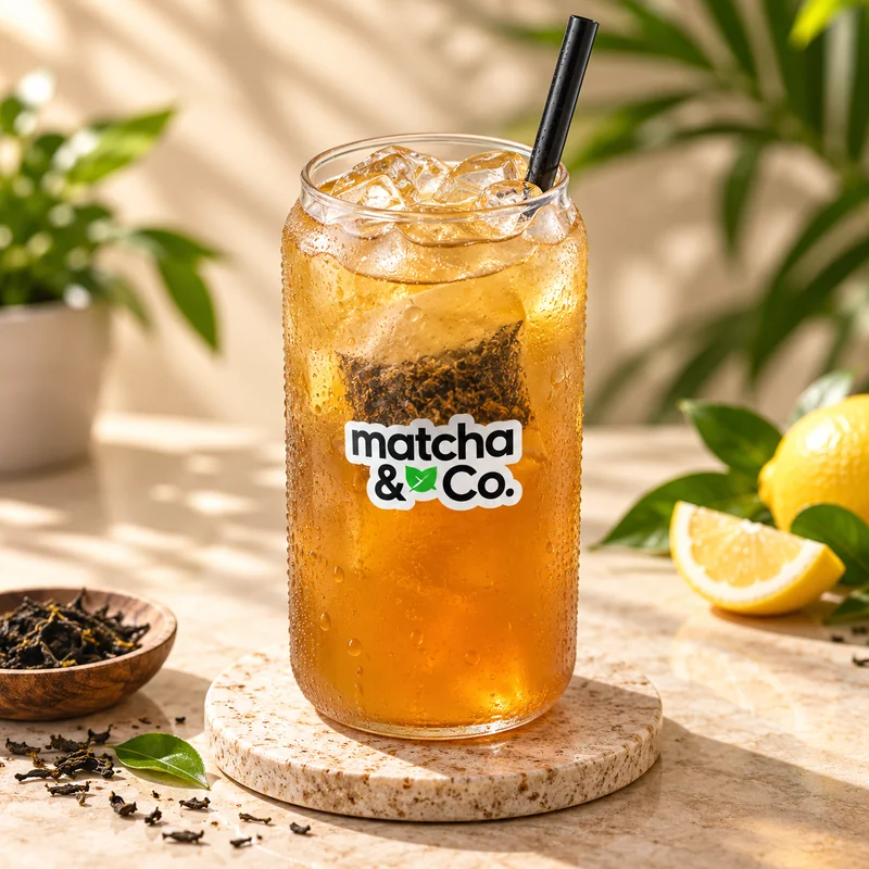 Iced tea with lemon and tea leaves